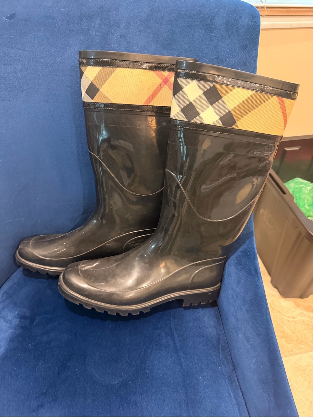 Burberry Black Rain Boots with Tan Plaid Trim